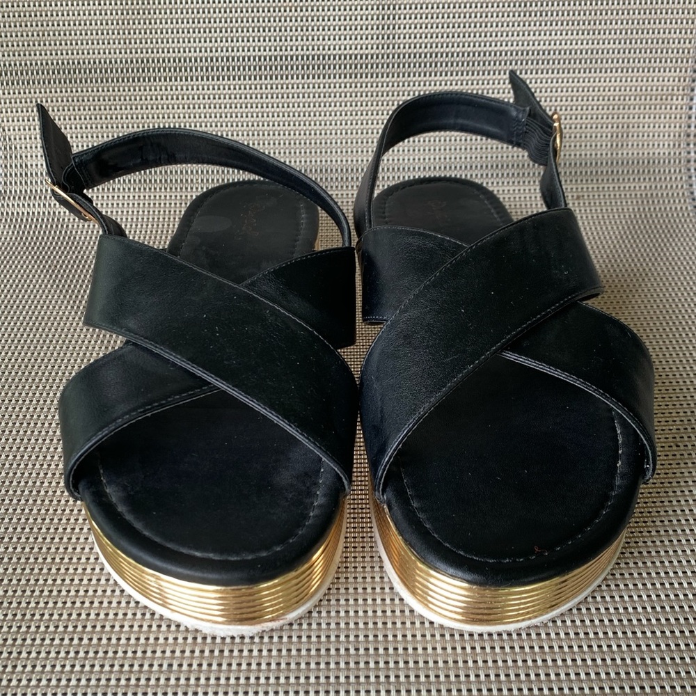 Black and gold strap platform sandals